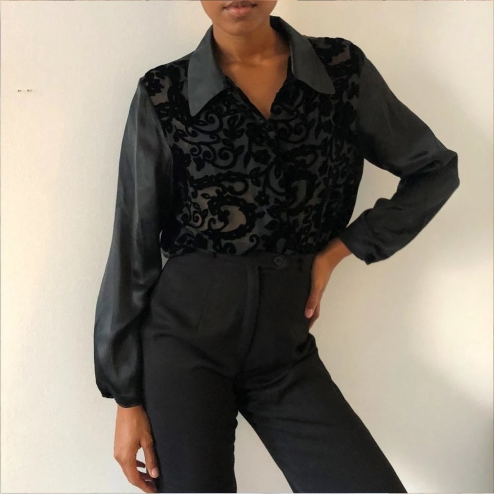 VTG DIANE VON FURSTENBERG Silk Black Floral Sheer Velvet Buttondown Blouse Top